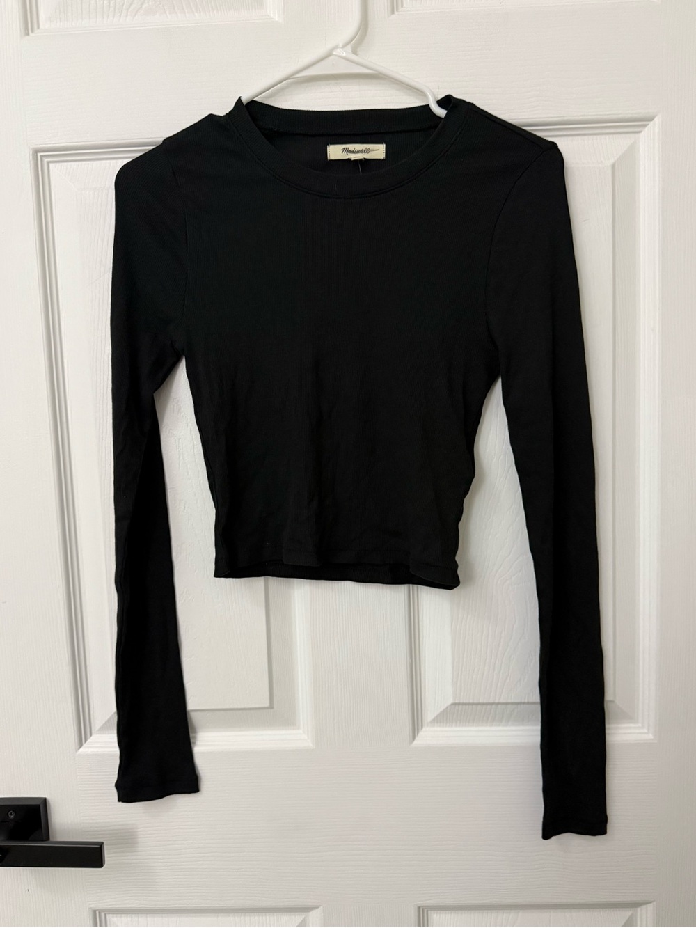 Madewell Fine Ribbed Cropped Crewneck Long-Sleeve Tee Size M Black New